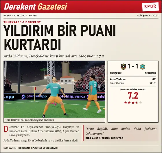 Derekent Gazetesi spor sayfası: Yıldırım bir puanı kurtardı