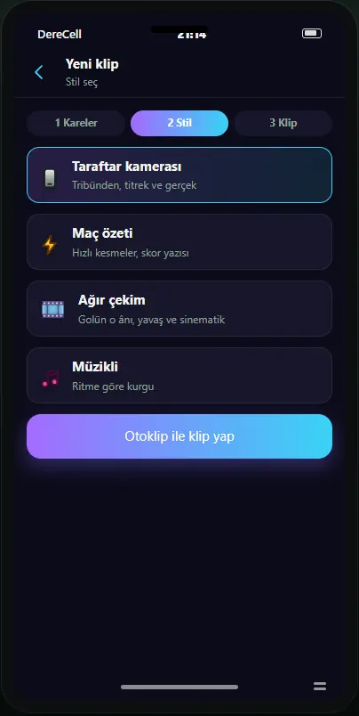 Oyundaki Otoklip uygulaması: klip stili seçimi
