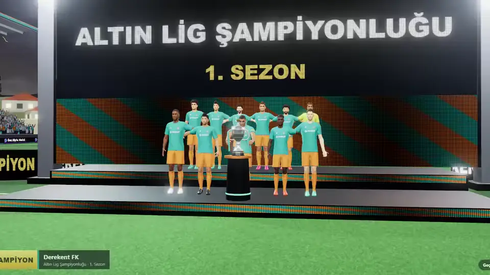 3D kupa töreni: takım sahnede kupayı kaldırıyor, ŞAMPİYON yazısı ve konfeti